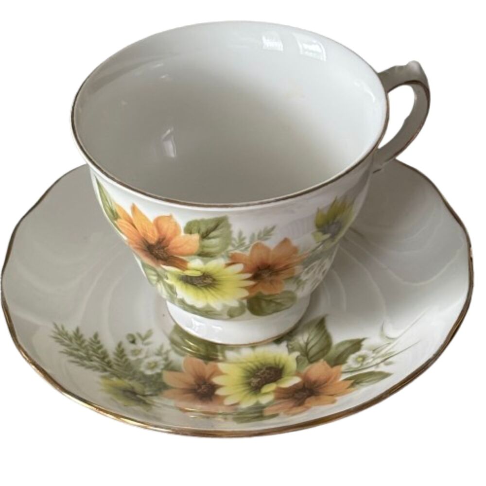 Royal Vale England Sunflower Fine Bone China Gold Trim Cup & Saucer Set #8622